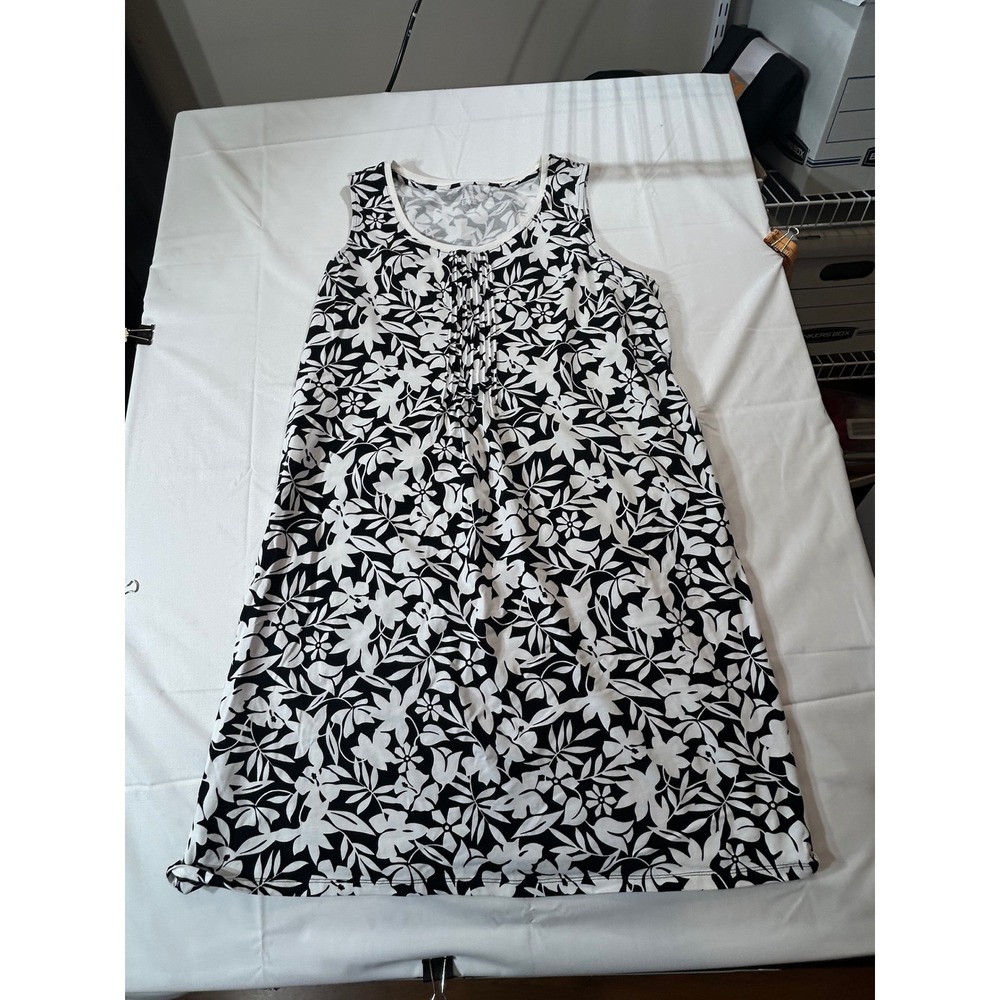 Lands End Womens 1X Black White Floral Pintuck Sleeveless Knit A-Line Dress